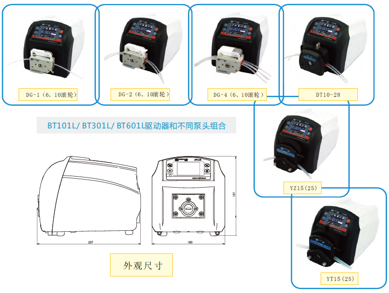 BT101L/ BT301L/ BT601L驱动器和不同泵头组合